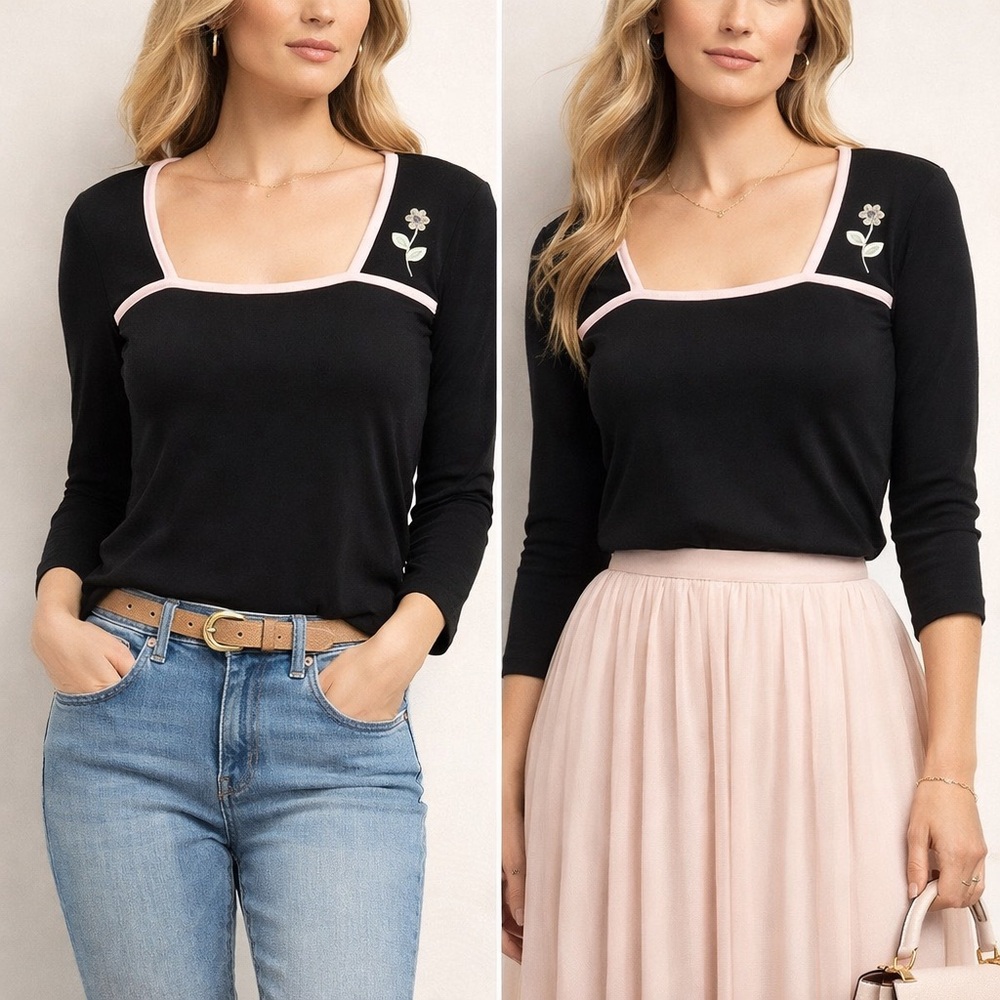 Black Blouse with Pink Trim and Flower 04-0155